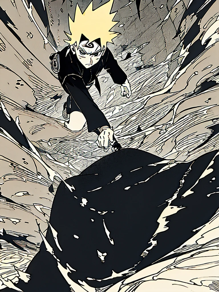 A boy, short ginger hair, black eyes, thin eyebrows, wearing black clothes, in a desert, high res, masterpiece, 8K, full growth, looking to a viewer, in Naruto manga style