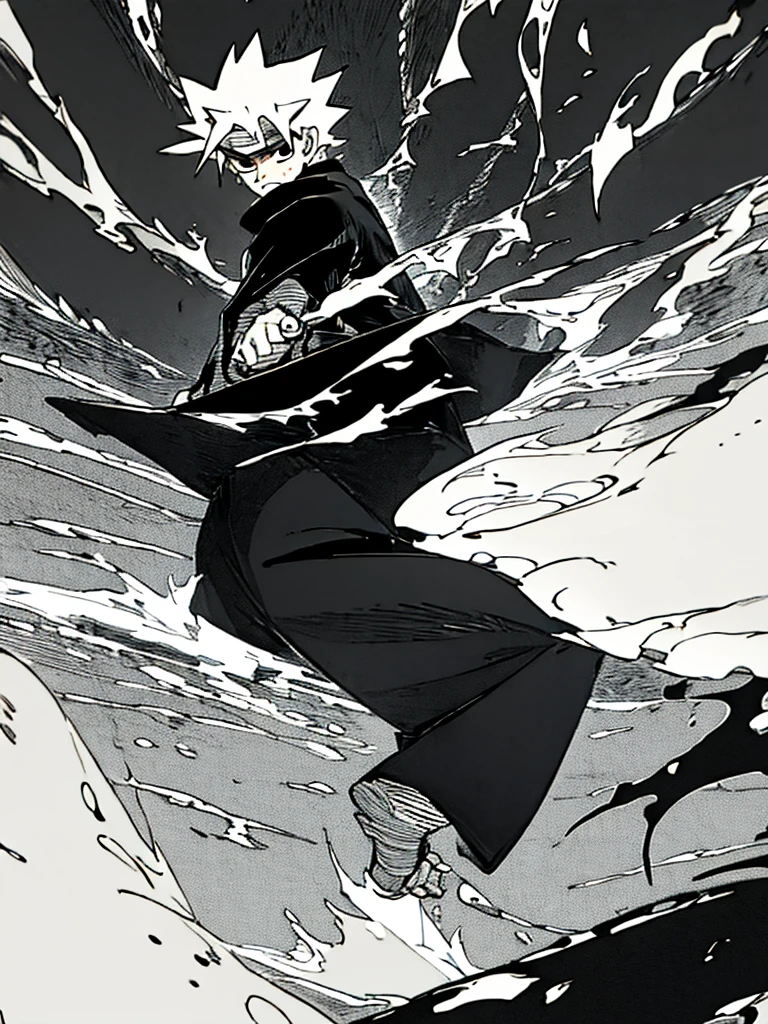 A boy, short ginger hair, black eyes, thin eyebrows, wearing black clothes, in a desert, high res, masterpiece, 8K, full growth, looking to a viewer, in Naruto manga style