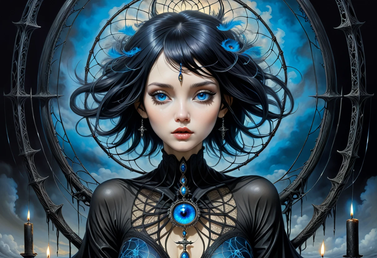 (Masterpiece, best quality), 1 Dame, alone, (lo Gothic), Dream Catcher, Vampir, short black hair, loose waves, blue eyes, ,sweet, (HG giger, Art by Hermann Nitsch, Beksinski, Dariusz Zawadzki, giger, zdzislaw beksinski), Bett, candles, cross, Slim body, moonlight, black shirt, natta, Clouds of smoke, in the middle is written Psytrance