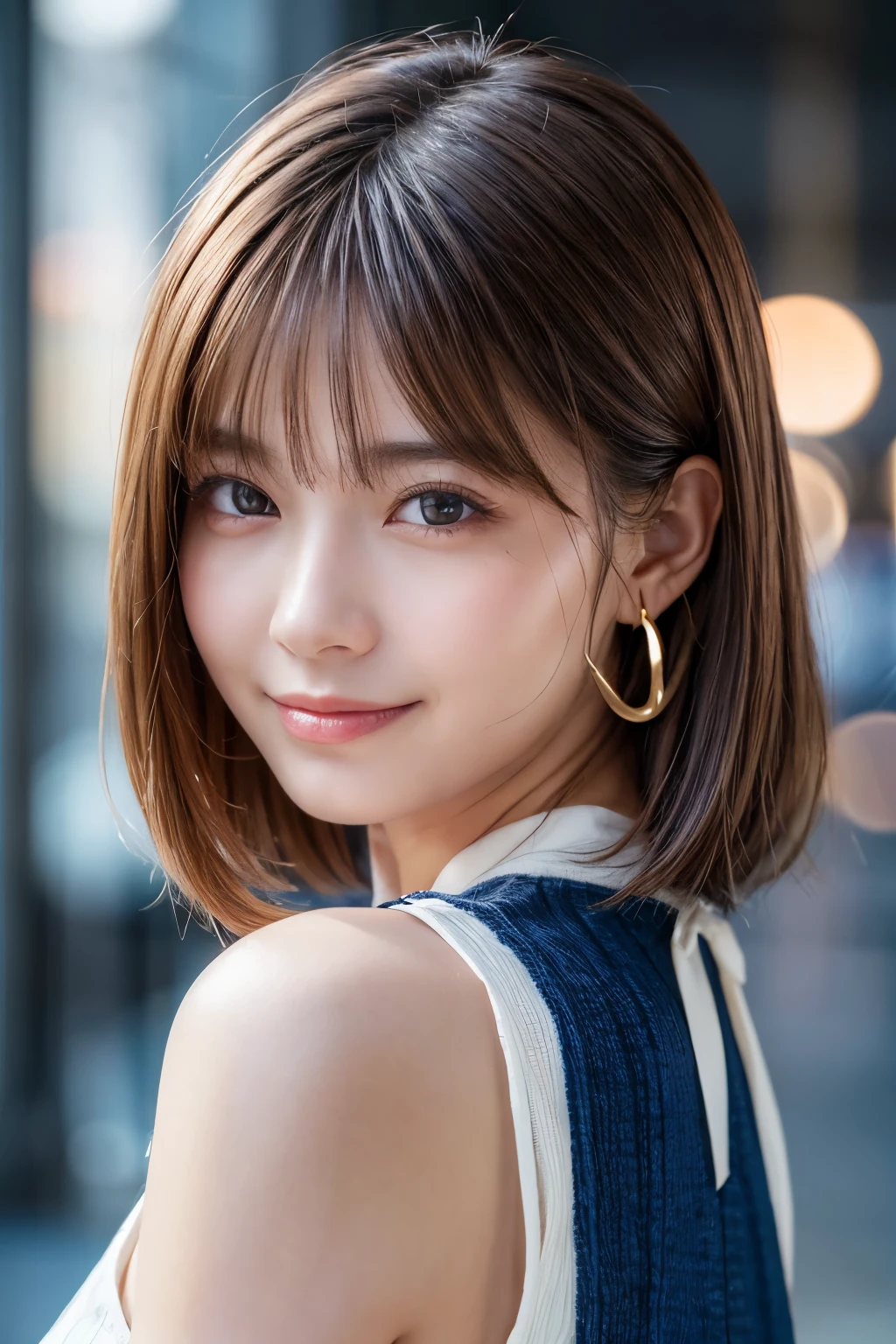 Upper Body、Beauty、Well-formed face、20-year-old、Uniform eyes、Small face、, light brown hair, hair over shoulder, parted bangs, straight hair, expressive hair, shiny hair, earrings, seductive smile, Surrealism, cinematic lighting, first-person view, pov, f/1.2, Nikon, UHD, textured skin, best quality, highres, 8k