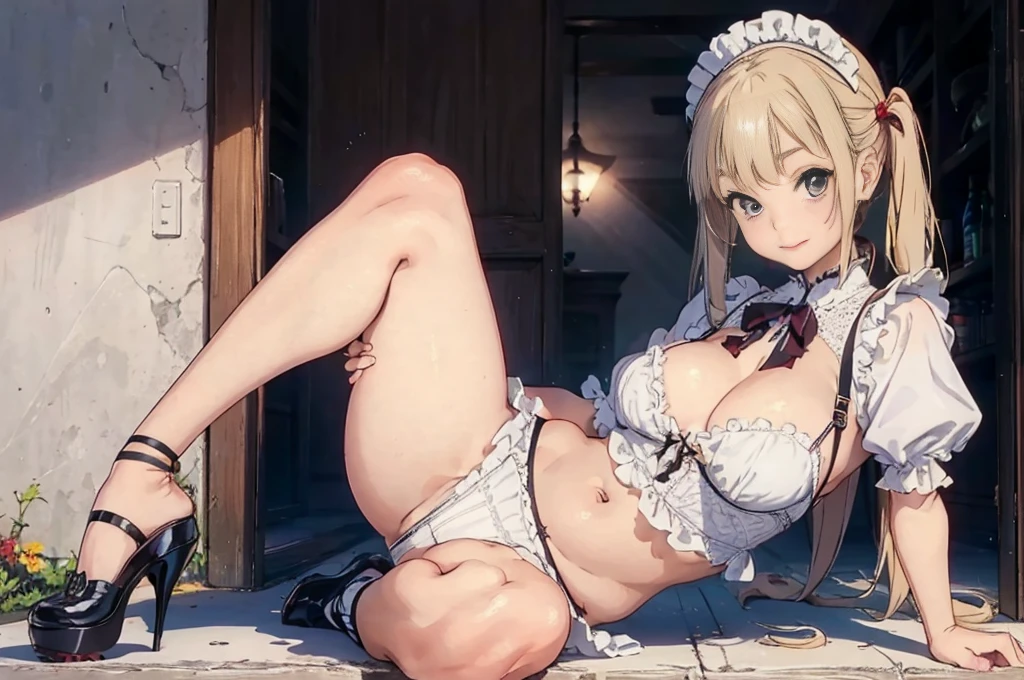 (footjob), Masterpiece、Highest quality、Highest quality, (long and thin legs, shoes:1.2), Arm behind wrist, squat、Spread your legs、1 girl, (smile、Open your mouth大笑い:1.2), Cute eyes, (Detailed face:1.3)、Open your mouth, The whole face turns red, alone, Big and ample breasts, (Straight bangs, Twin tails), White maid outfit、Side bust、Underbust、belly button、Walking through the mansion'corridor、nsfw、shoes下