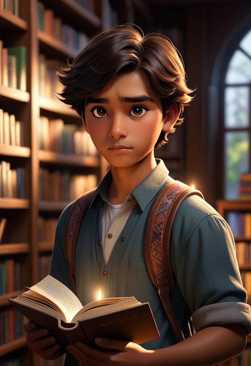 A native student from South America, short dark brown hair; dark complexion, dark brown eyes; He is in a large library, surrounded by many beautifully arranged and decorated bookshelves. He holds a book in his hands that he reads with great interest, as if he wanted to be part of the story, concentrated expression, warm lighting, photorealistic, 4k, high resolution, hyperrealistic, incredibly detailed, masterpiece, studio lighting, physically-based rendering, portrait, dramatic lighting, warm colors, cozy atmosphere