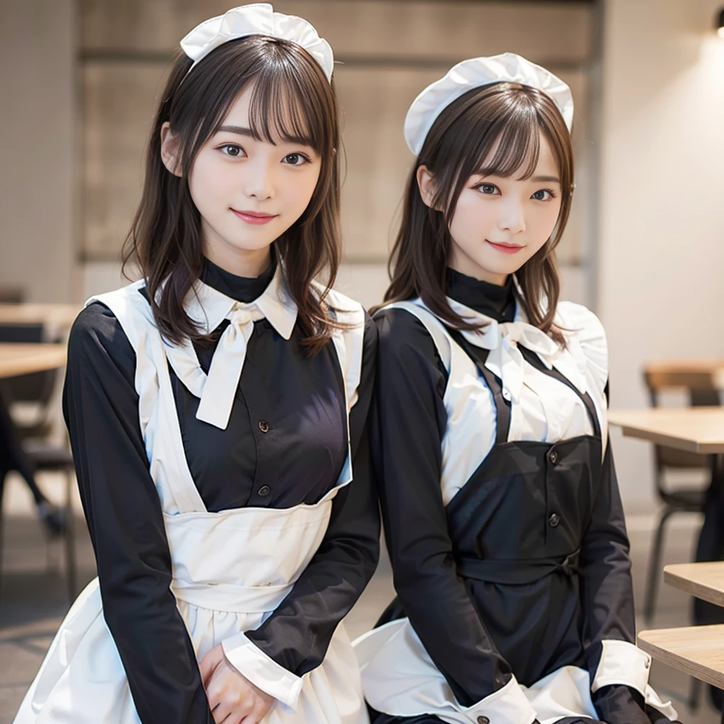 In 8K,Highest quality:1.4, Ultra-high resolution:1.5, (Realistic:1.4),masterpiece:1.2,(Highest quality:1.4)、 RAW Photos、 (The background is blurred), 1 Japanese girl, cute, (alone:1.4), (A shy smile), Smooth Skin、 (Brown medium hair,bangs),Nogizaka,Flexible fingertips,Beautiful dark eyes、dual、Natural skin texture:1.3, Realistic eye and facial details:1.7、Mid-breasted、Daytime、Tight ass:1.5、Staring at the audience,photographer5Step back, Hilarious,(Maid:1.2),bow,Long sleeve, Black sleeves,(Black checked long tights:1.5),Maidの頭飾り,Maid apronl,cafeteria,Upper Body:1.8,(Fine hair:1.1), (Fine grain:1.1)