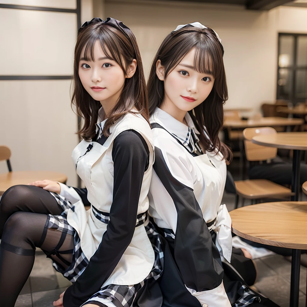 In 8K,Highest quality:1.4, Ultra-high resolution:1.5, (Realistic:1.4),masterpiece:1.2,(Highest quality:1.4)、 RAW Photos、 (The background is blurred), 1 Japanese girl, cute, (alone:1.4), (A shy smile), Smooth Skin、 (Brown medium hair,bangs),Nogizaka,Flexible fingertips,Beautiful dark eyes、dual、Natural skin texture:1.3, Realistic eye and facial details:1.7、Mid-breasted、Daytime、Tight ass:1.5、Staring at the audience,photographer5Step back, Hilarious,(Maid:1.2),bow,Long sleeve, Black sleeves,(Black checked long tights:1.5),Maidの頭飾り,Maid apronl,cafeteria,Upper Body:1.8,(Fine hair:1.1), (Fine grain:1.1)