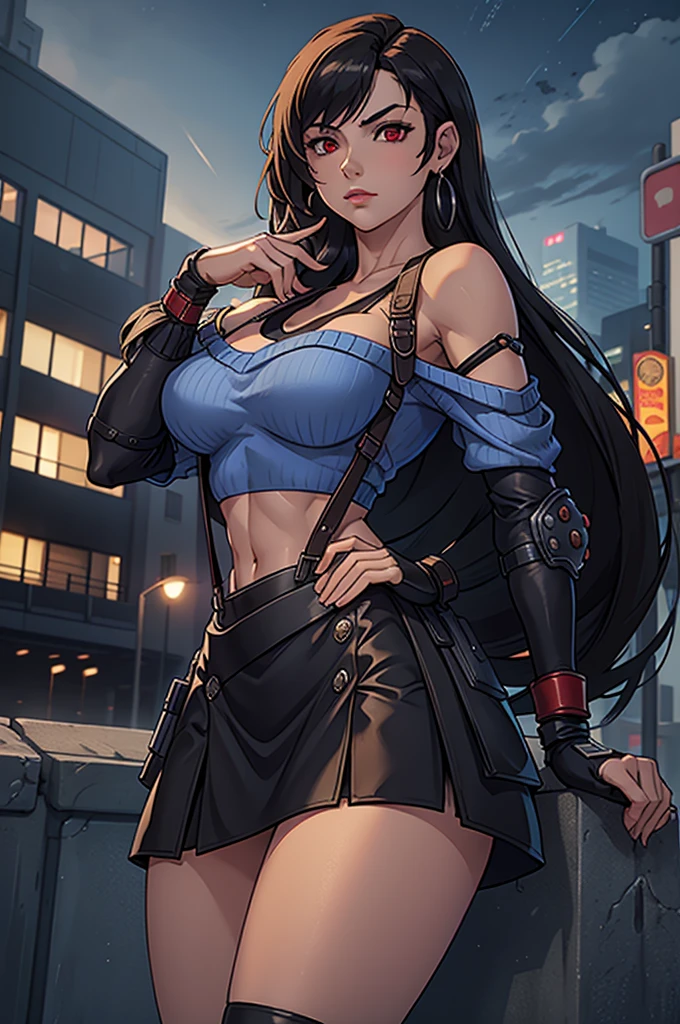 perfect eyes:1.2, detailed eyes:1.4, serious, hand on hip, night, city, metTifa, red eyes, navel, low-tied long hair, earrings, cropped sweater, blue sweater, off-shoulder, short sleeves, suspender skirt, elbow gloves, armored legwear, medium full shot, thigh-level shot, 1girl,(masterpiece:1.6, best quality),

