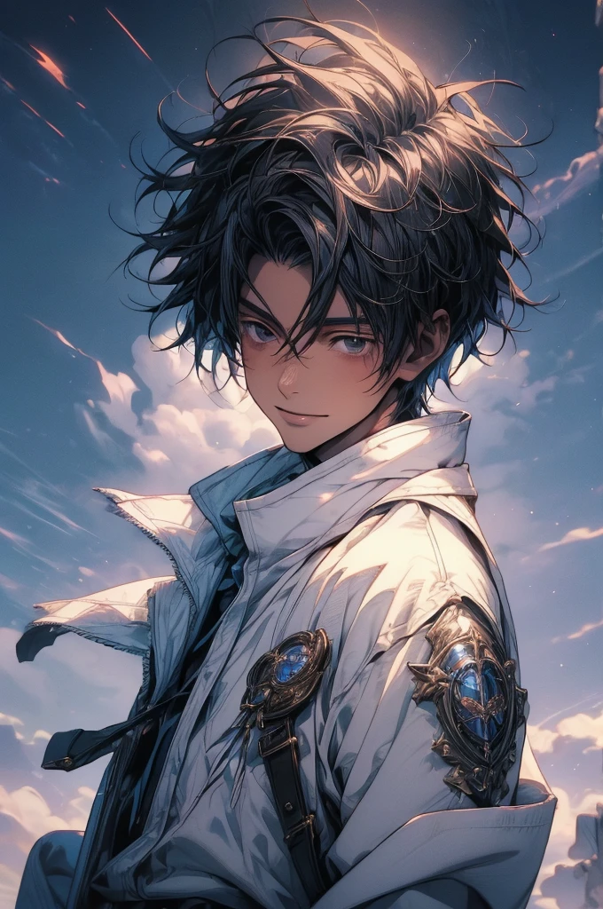 (masterpiece:1.2, best quality), 1man, 1boy, (extremely detailed CG unity 8k wallpaper, masterpiece, best quality, ultra-detailed, best shadow), (detailed background), yuta okkotsu, (white jacket:1.1), high collar, black hair, black eyes, smiling, male focus, looking at viewer,High contrast, (best illumination, an extremely delicate and beautiful),(simple backround, outdoors), cowboy shot