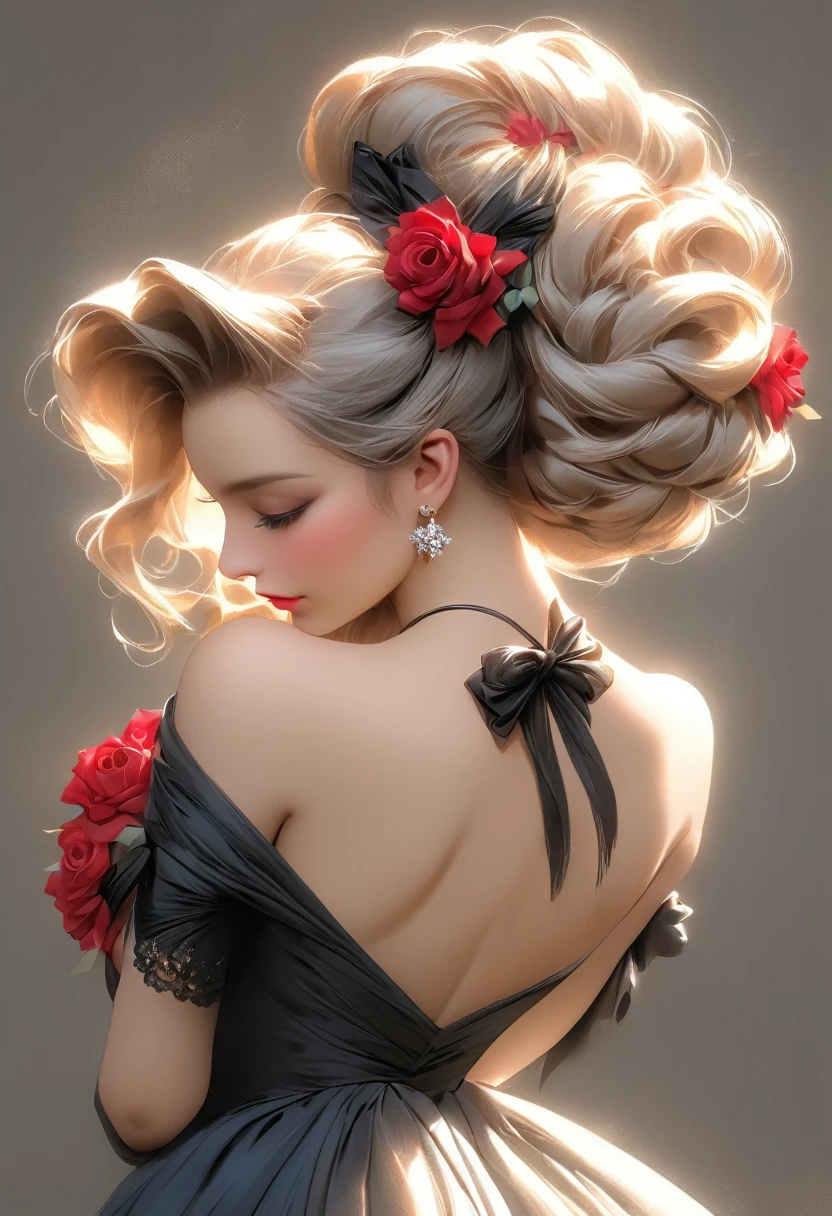 ((Masterpiece)), ((Best Quality)), (Very Detailed), ((Very Detailed)), 4K, (8K), very aesthetic, absurdres highres, 1 female, mature female, perfect anatomy, dress, solo, blonde hair, red eyes, hair ornament, jewelry, earrings, black dress, hair flower, flower, looking back, looking at viewer, breasts, from behind, braid, blue flower, back, grey background, bare shoulders, simple background, sidelocks, detached sleeves, bow, gloves, medium breasts, elbow gloves, hair bun, backless outfit, black bow, necklace, backless dress, closed mouth, rose, single hair bun, shoulder blades, strapless dress, upper body