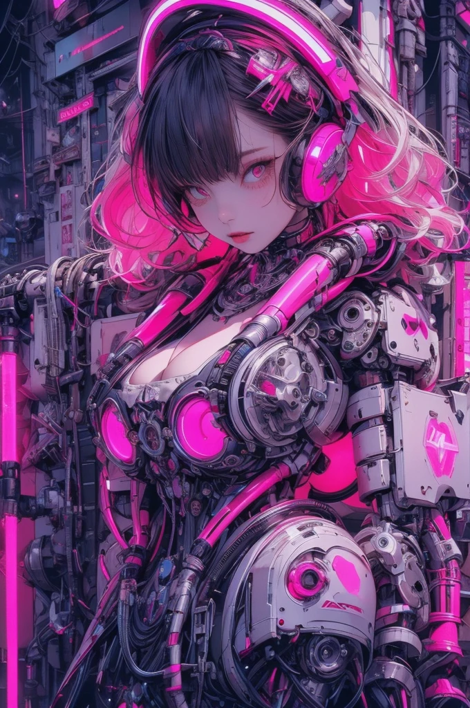 (masterpiece), (best quality), (ultra-detailed), Absurd,(masterpiece、highest quality、8k ),Intricate details,Ultra-detailed、1. Beautiful, And a woman of perfect proportions,(Machine Girl 1.3), Platinum white long hair,Cleavage,belly button,Stomach,(Mechanical body,Mechanical Arm :1.4),(pink& white metallic body:1.3),Neon Light Parts,Red glowing neon lights,Blue Glowing Neon Lightechanical Headgear ,(cyber punk ),(Combat Stance:1.2),Ultra-realistic,Perfect Anatomy