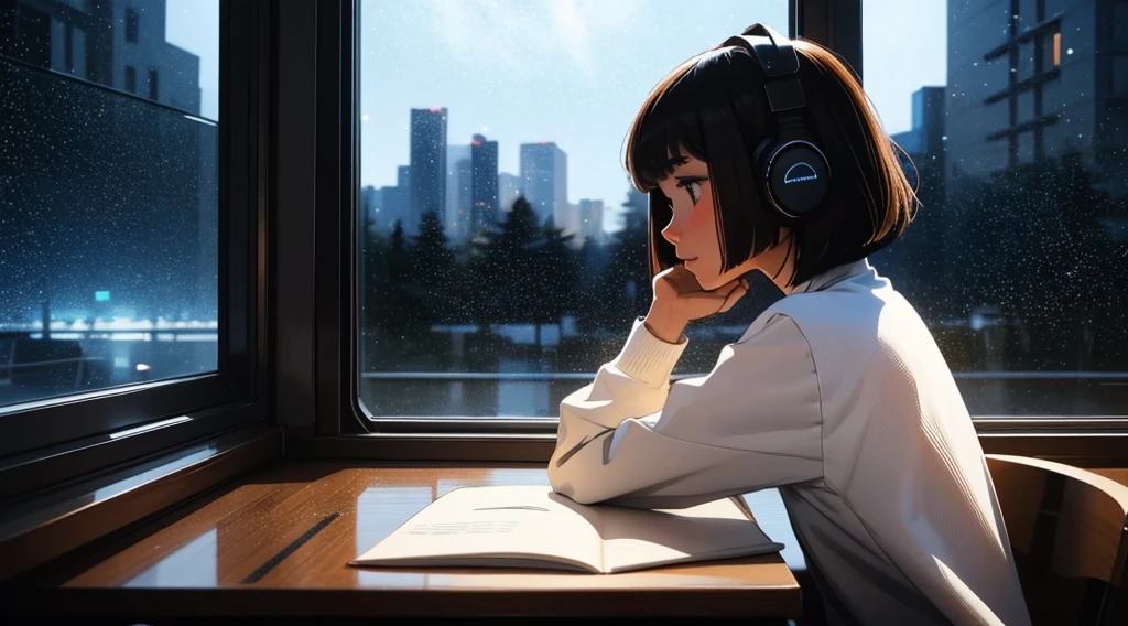  indoor, Wearing headphones, Studying in the room, Sit by the window,  Contemplative posture, Look at the stars, head stuck to glass, landscape passing by at high speed, night travel, Beautiful starry sky, a beautiful girl with, bob cut,Bangs, Ultra HD Portraits, (high quality) (Super detailed) Looking at the audience dressed in hip-hop style streetwear; different, Colorful, perfect anatomy:1.5