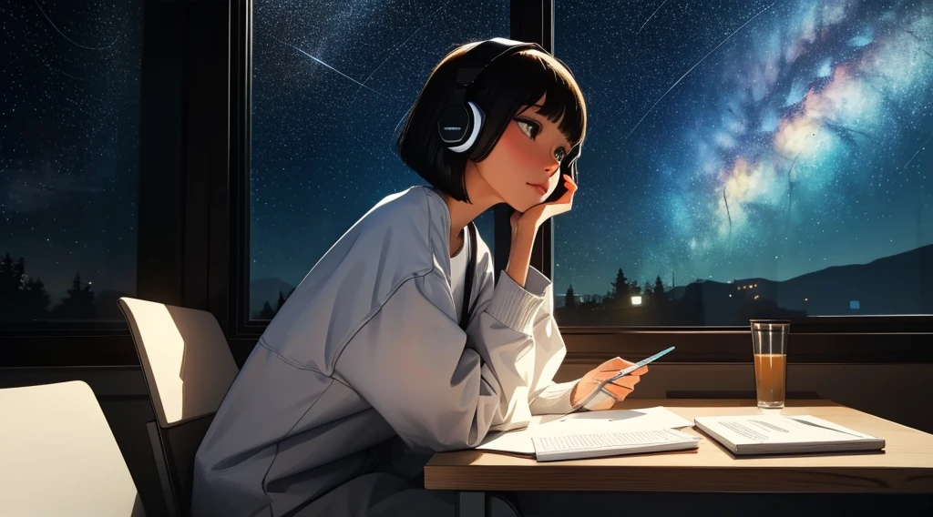  indoor, Wearing headphones, Studying in the room, Sit by the window,  Contemplative posture, Look at the stars, head stuck to glass, landscape passing by at high speed, night travel, Beautiful starry sky, a beautiful girl with, bob cut,Bangs, Ultra HD Portraits, (high quality) (Super detailed) Looking at the audience dressed in hip-hop style streetwear; different, Colorful, perfect anatomy:1.5