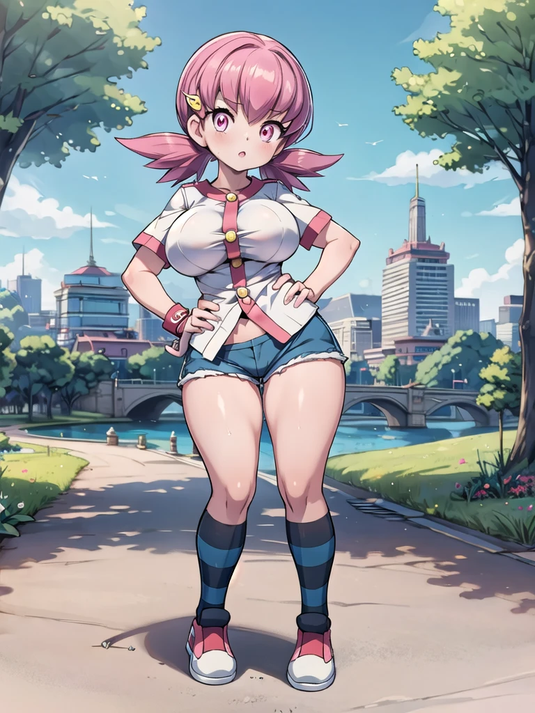 masterpiece, Highest quality, de whitney, Pink Eyes, hair ornaments, White shirt, Short sleeve, Blue shorts, Wristband, Large Breasts, Conceit, View your viewers, Put your hands on your hips, Raise your hand, Striped socks, sneakers, Cityscape, wood, Grass, nsfw