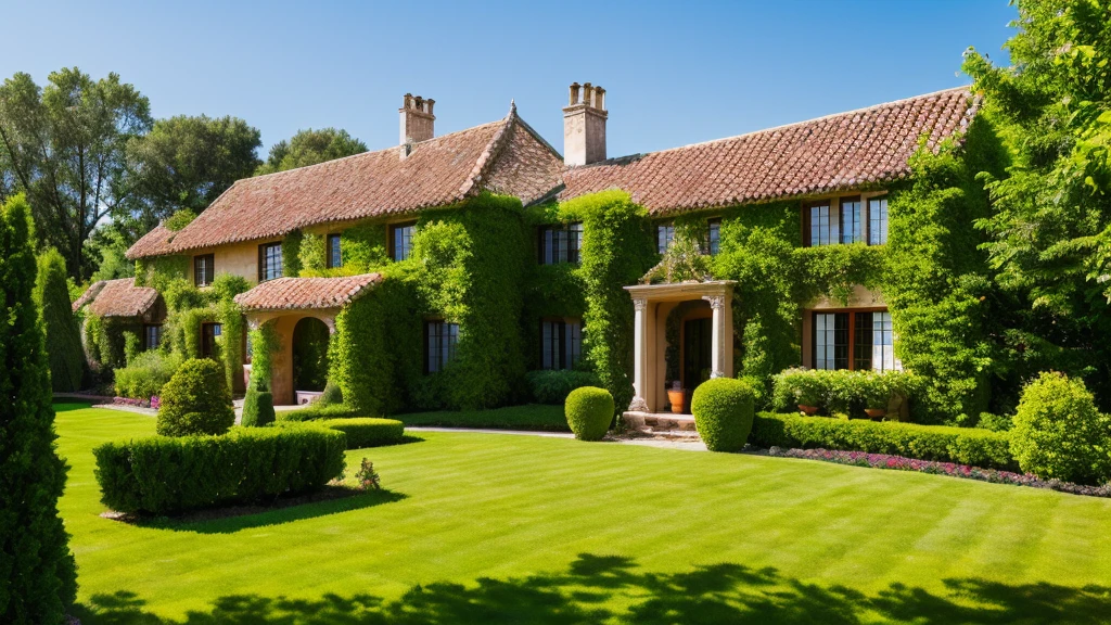 Luxurious country house with garden, Mexican style on a striking summer day with blue sky. nature, Beautiful residential area house. a young woman in the garden of the house, Real Estate. - High Resolution Image
