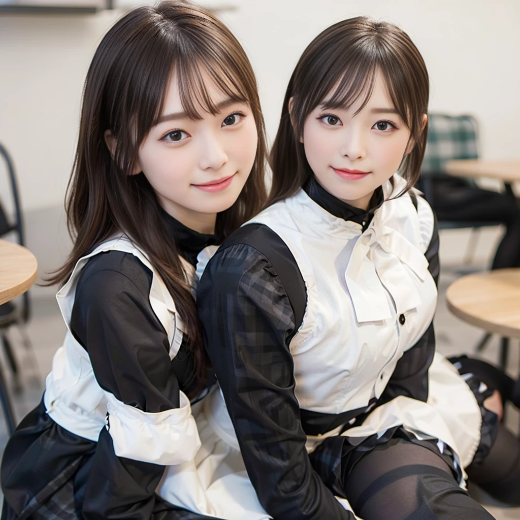 In 8K,Highest quality:1.4, Ultra-high resolution:1.5, (Realistic:1.4),masterpiece:1.2,(Highest quality:1.4)、 RAW Photos、 (The background is blurred),  1 Japanese girl, cute, (alone:1.4), (A shy smile), Smooth Skin、 (Brown medium hair,bangs),Nogizaka,Flexible fingertips,Beautiful dark eyes、dual、Natural skin texture:1.3, Realistic eye and facial details:1.7、Mid-breasted、Daytime、Tight ass:1.5、Staring at the audience,photographer５Step back, Hilarious,(Maid:1.2),bow,Long sleeve, Black sleeves,(Black checked long tights:1.5),Maidの頭飾り,Maid apronl,cafeteria,Upper Body:1.8,(Fine hair:1.1), (Fine grain:1.1)