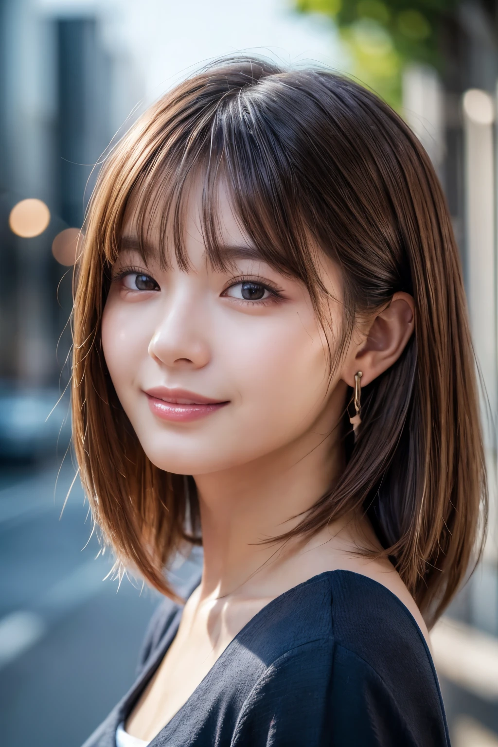 Upper Body、Beauty、Well-formed face、20-year-old、Uniform eyes、Small face、, light brown hair, hair over shoulder, parted bangs, straight hair, expressive hair, shiny hair, earrings, seductive smile, Surrealism, cinematic lighting, first-person view, pov, f/1.2, Nikon, UHD, textured skin, best quality, highres, 8k