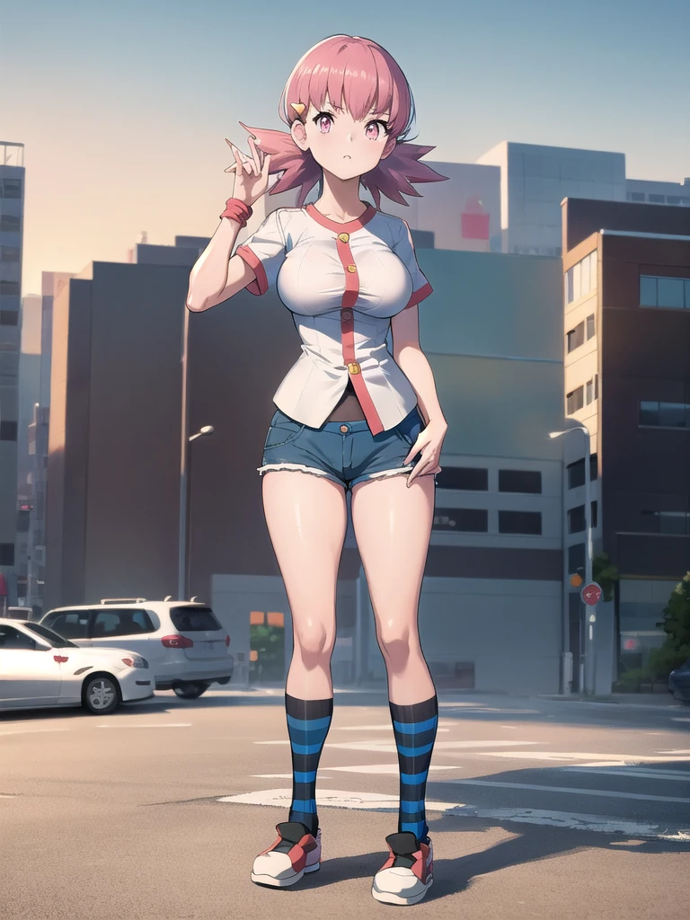 masterpiece, Highest quality, de whitney, Pink Eyes, hair ornaments, White shirt, Short sleeve, Blue shorts, Wristband, Large Breasts, Conceit, View your viewers, Put your hands on your hips, Raise your hand, Striped socks, sneakers, Cityscape, wood, Grass, nsfw