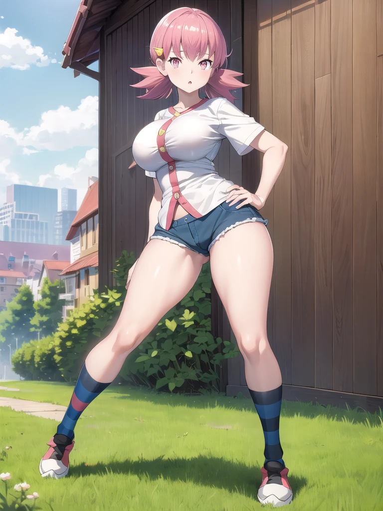masterpiece, Highest quality, de whitney, Pink Eyes, hair ornaments, White shirt, Short sleeve, Blue shorts, Wristband, Large Breasts, Conceit, View your viewers, Put your hands on your hips, Raise your hand, Striped socks, sneakers, Cityscape, wood, Grass, nsfw