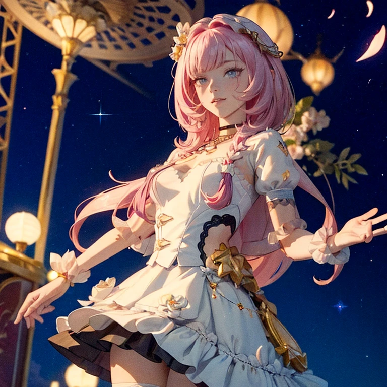 1 girl, ornament hair, perfectly body, perfectly hands, wave hair, pink hair, long hair, on stage, stage scenery, red roses on focus, white lantern, navy dress, more details on her clothes, white dress with transparency, night, smiling, cape,ornament hair, long hair, 1 girl, Looking at the audience, flowing hair, Beautiful Eyes, Plump and glossy lips, Idol, dress with too many frills, white dress, petals in the air, flowers, red roses, navy laces, white Short skirt, Drape clothes, navy gem, Lace trim, bright stage, luxury gold details, gold jewelry, more details, best quality, Big sparkling eyes, blushing, Striped Lace Stockings, white ta skirt, sparkle, solo, centered girl, cowboy shot, perfectly body, perfectly hands, two arms, two legs, two hands, five fingers, perfect anatomy, glowing hair, 1girl, dress, solo, flowing hair, floating hair, ornament hair, perfectly body, perfectly hands, on the stage, sparkles, more details on her clothes, dress with transparency, golden details on her dress, night, holding a microphone, ((4k, masterpiece, top-quality)),8k, best quality, high resolution, HD, (illustration:0.8), super cute girl, delicate and beautiful face, mature girl, super cute hairstyle, (beautiful detailed eyes:1.6), extremely detailed face, perfect lighting, extremely detailed CG, (perfect hands, perfect anatomy), Best quality, cleavage, small skirt, full Body, two arms, two legs, two hands, five fingers