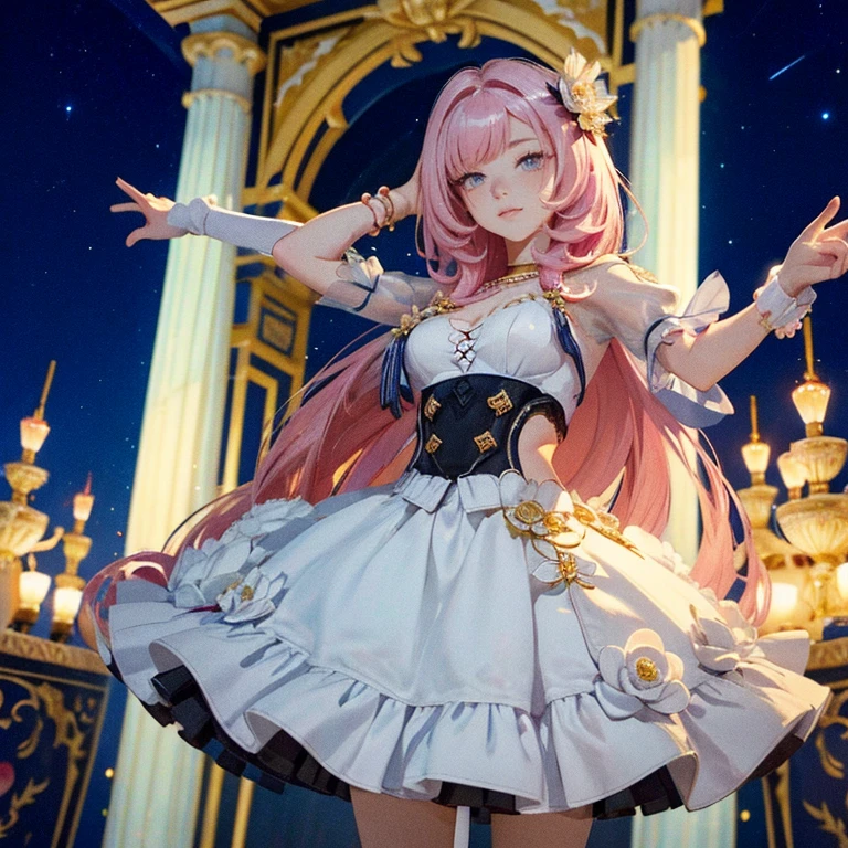1 girl, ornament hair, perfectly body, perfectly hands, wave hair, pink hair, long hair, on stage, stage scenery, red roses on focus, white lantern, navy dress, more details on her clothes, white dress with transparency, night, smiling, cape,ornament hair, long hair, 1 girl, Looking at the audience, flowing hair, Beautiful Eyes, Plump and glossy lips, Idol, dress with too many frills, white dress, petals in the air, flowers, red roses, navy laces, white Short skirt, Drape clothes, navy gem, Lace trim, bright stage, luxury gold details, gold jewelry, more details, best quality, Big sparkling eyes, blushing, Striped Lace Stockings, white ta skirt, sparkle, solo, centered girl, cowboy shot, perfectly body, perfectly hands, two arms, two legs, two hands, five fingers, perfect anatomy, glowing hair, 1girl, dress, solo, flowing hair, floating hair, ornament hair, perfectly body, perfectly hands, on the stage, sparkles, more details on her clothes, dress with transparency, golden details on her dress, night, holding a microphone, ((4k, masterpiece, top-quality)),8k, best quality, high resolution, HD, (illustration:0.8), super cute girl, delicate and beautiful face, mature girl, super cute hairstyle, (beautiful detailed eyes:1.6), extremely detailed face, perfect lighting, extremely detailed CG, (perfect hands, perfect anatomy), Best quality, cleavage, small skirt, full Body, two arms, two legs, two hands, five fingers