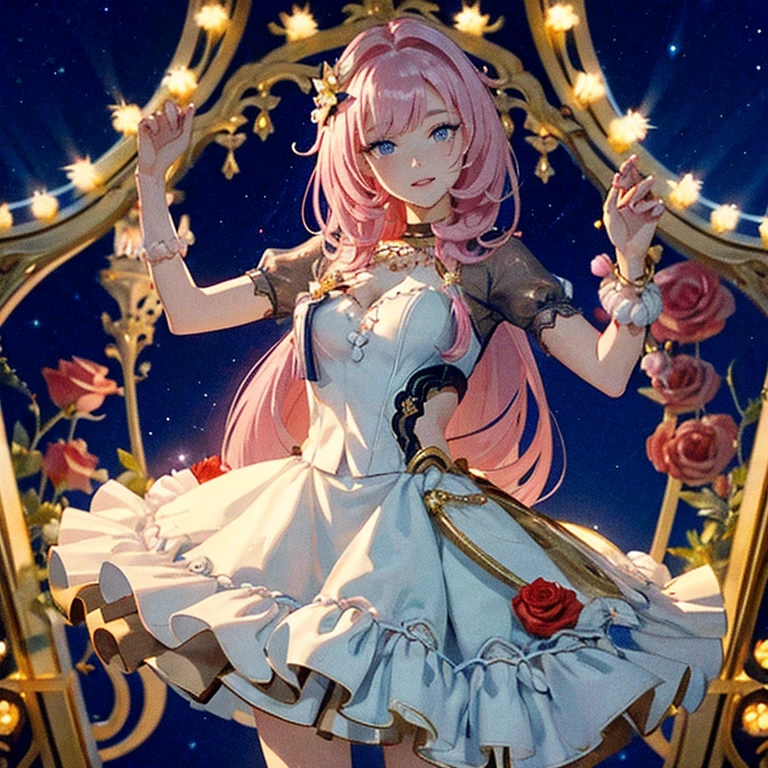 1 girl, ornament hair, perfectly body, perfectly hands, wave hair, pink hair, long hair, on stage, stage scenery, red roses on focus, white lantern, navy dress, more details on her clothes, white dress with transparency, night, smiling, cape,ornament hair, long hair, 1 girl, Looking at the audience, flowing hair, Beautiful Eyes, Plump and glossy lips, Idol, dress with too many frills, white dress, petals in the air, flowers, red roses, navy laces, white Short skirt, Drape clothes, navy gem, Lace trim, bright stage, luxury gold details, gold jewelry, more details, best quality, Big sparkling eyes, blushing, Striped Lace Stockings, white Lolita skirt, sparkle, solo, centered girl, cowboy shot, perfectly body, perfectly hands, two arms, two legs, two hands, five fingers, perfect anatomy, glowing hair, 1girl, dress, solo, flowing hair, floating hair, ornament hair, perfectly body, perfectly hands, on the stage, sparkles, more details on her clothes, dress with transparency, golden details on her dress, night, holding a microphone, ((4k, masterpiece, top-quality)),8k, best quality, high resolution, HD, (illustration:0.8), super cute girl, delicate and beautiful face, mature girl, super cute hairstyle, (beautiful detailed eyes:1.6), extremely detailed face, perfect lighting, extremely detailed CG, (perfect hands, perfect anatomy), Best quality, cleavage, small skirt, full Body, two arms, two legs, two hands, five fingers