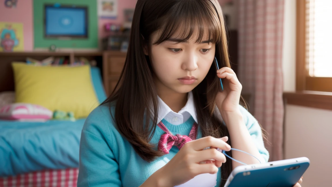 A high school girl frowning while looking at her cell phone in her room, confused face