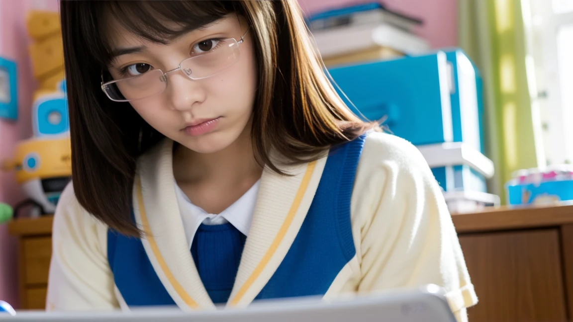 A high school girl frowning while looking at her cell phone in her room, confused face
