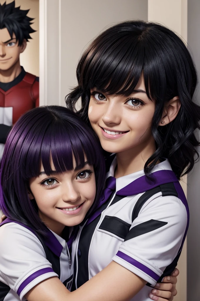 Screenshot of my hero academia.brunette girl,elbow length curly black and white hair,fringe ,has purple eyes ,has a serious tender expression,He is wearing the UA uniform and in the background he has Denji and Kirishima with smiles
