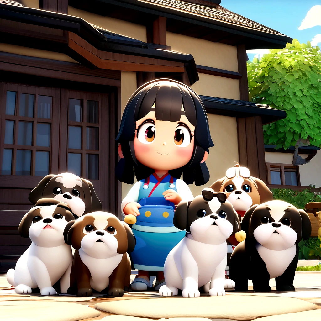 Pixar 3D Style Animation, 40 year old Asian woman, shoulder length black hair, and his 6 puppies 1 caramel shih tzu, 4 black shih tzu and a white shih tzu in front of the house