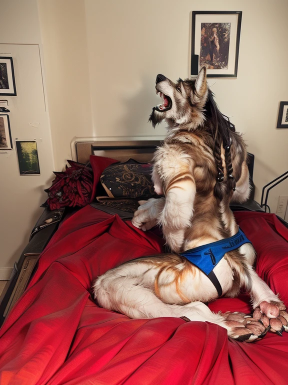 (by darkgem:1.4), masterpiece, best details, realistic, illustration, nude, solo, (anthro), genitals, with bushy pubic hair and armpit hair, snarling, growling, attitude, clear details, powerful, pleasure, self-pleasure, perfect hands, covered in fur, fangs, tongue, paws, claws, tail, detailed nipples, ((anthro male wolf:1.4), sexy guy man, masculine, belly, slim, hairy balls, cock, knot, penis, erect, brown fur, yellow belly fur, orange markings, braids, long hair, fluffy, big ears), (musky, body odour:1.4)