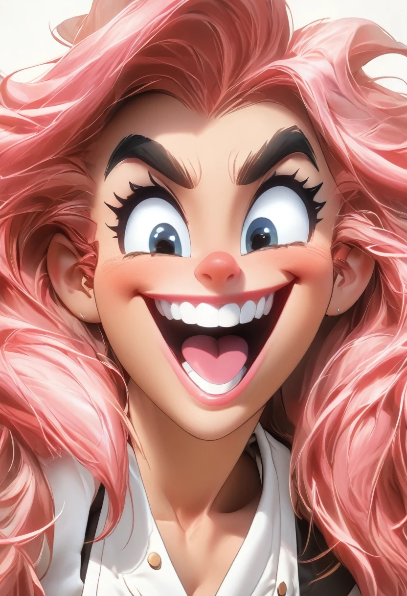 ((Masterpiece)), ((Best Quality)), (Very Detailed), ((Very Detailed)), 4K, (8K), very aesthetic, absurdres highres, 1 female, mature female, perfect anatomy, breasts, apron, naked apron, solo, long hair, cleavage, tongue, brow hair, multicolored hair, one eye closed, tongue out, huge breasts, streaked hair, heart, pink hair, looking at viewer, white apron, thighs, collarbone, blush, blue eyes, leaning forward, very long hair, arms behind back, smile, frilled apron, rufflet, white background, blunt bangs, bare shoulders, two-tone hair, simple background, cowboy shot, pink eyes, closed mouth, sleeveless, speech bubble, sweat, teeth, upper teeth only, v-shaped eyebrows, 