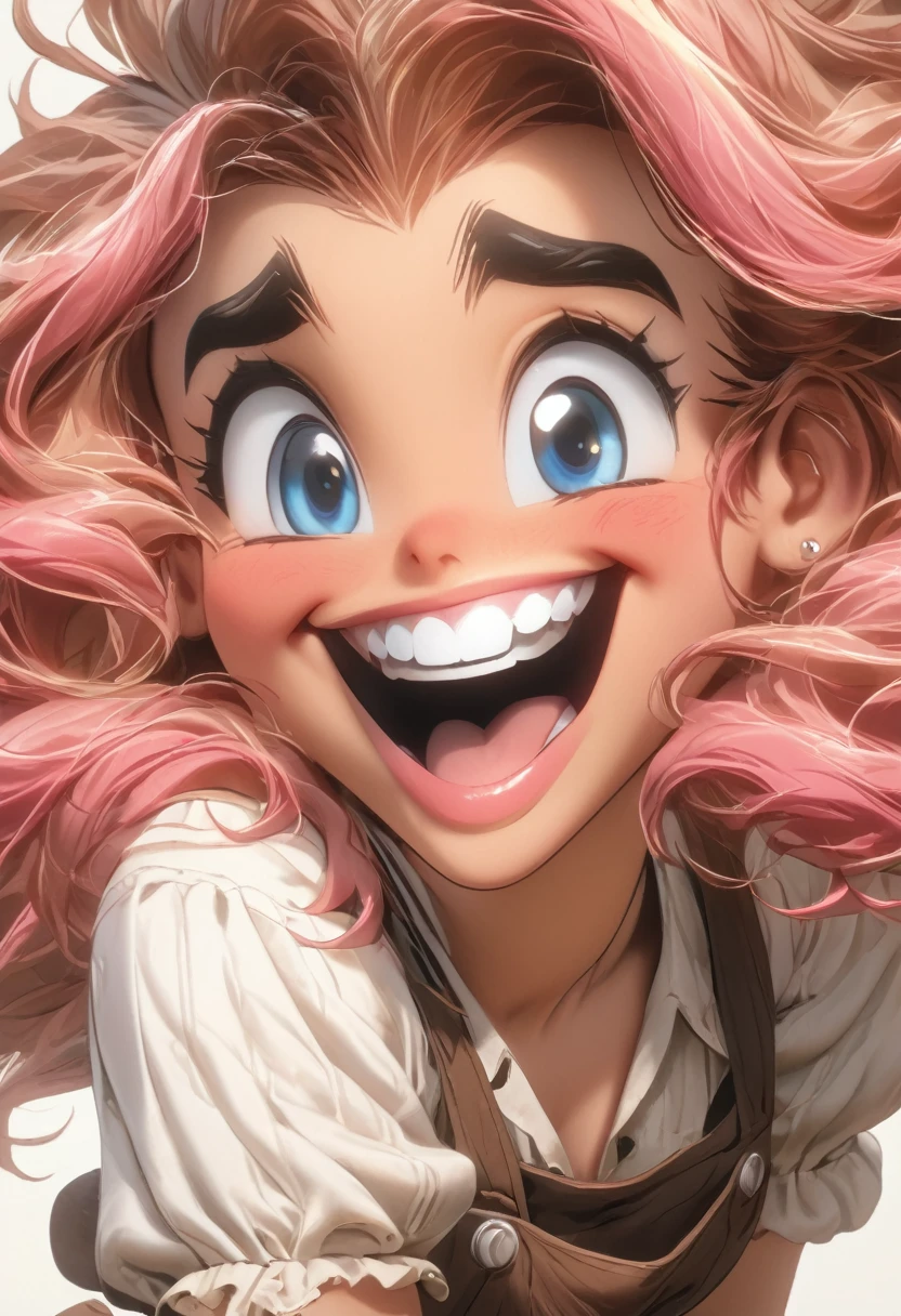 ((Masterpiece)), ((Best Quality)), (Very Detailed), ((Very Detailed)), 4K, (8K), very aesthetic, absurdres highres, 1 female, mature female, perfect anatomy, breasts, apron, naked apron, solo, long hair, cleavage, tongue, brow hair, multicolored hair, one eye closed, tongue out, huge breasts, streaked hair, heart, pink hair, looking at viewer, white apron, thighs, collarbone, blush, blue eyes, leaning forward, very long hair, arms behind back, smile, frilled apron, rufflet, white background, blunt bangs, bare shoulders, two-tone hair, simple background, cowboy shot, pink eyes, closed mouth, sleeveless, speech bubble, sweat, teeth, upper teeth only, v-shaped eyebrows,