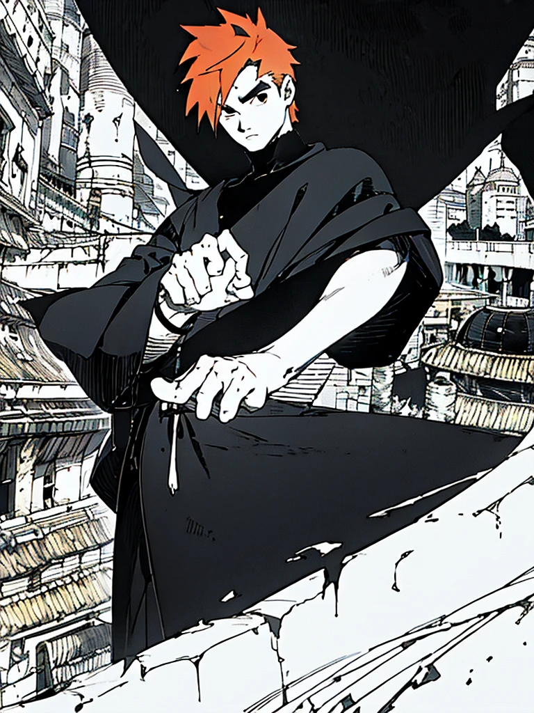 A boy, short ginger hair, black eyes, thin eyebrows, wearing black clothes, city, high res, masterpiece, 8K, full growth, looking to a viewer