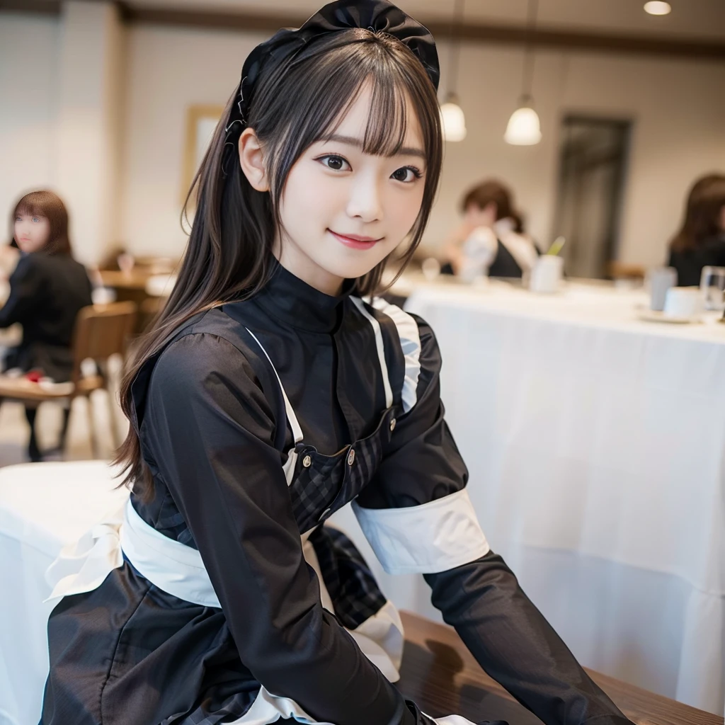 In 8K,Highest quality:1.4, Ultra-high resolution:1.5, (Realistic:1.4),masterpiece:1.2,(Highest quality:1.4)、 RAW Photos、 (The background is blurred), 1 Japanese girl, cute, (alone:1.4), (A shy smile), Smooth Skin、 (Brown medium hair,bangs),Nogizaka,Flexible fingertips,Beautiful dark eyes、dual、Natural skin texture:1.3, Realistic eye and facial details:1.7、Mid-breasted、Daytime、Tight ass:1.5、Staring at the audience,photographer5Step back, Hilarious,(Maid:1.2),bow,Long sleeve, Black sleeves,(Black checked long tights:1.5),Maidの頭飾り,Maid apronl,cafeteria,Upper Body:1.8,(Fine hair:1.1), (Fine grain:1.1)