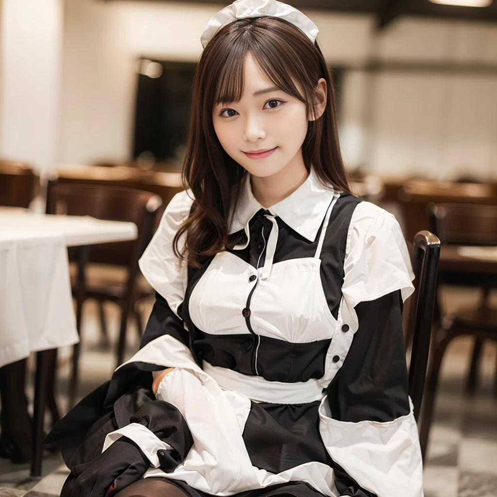 In 8K,Highest quality:1.4, Ultra-high resolution:1.5, (Realistic:1.4),masterpiece:1.2,(Highest quality:1.4)、 RAW Photos、 (The background is blurred), 1 Japanese girl, cute, (alone:1.4), (A shy smile), Smooth Skin、 (Brown medium hair,bangs),Nogizaka,Flexible fingertips,Beautiful dark eyes、dual、Natural skin texture:1.3, Realistic eye and facial details:1.7、Mid-breasted、Daytime、Tight ass:1.5、Staring at the audience,photographer5Step back, Hilarious,(Maid:1.2),bow,Long sleeve, Black sleeves,(Black checked long tights:1.5),Maidの頭飾り,Maid apronl,cafeteria,Upper Body:1.8,(Fine hair:1.1), (Fine grain:1.1)