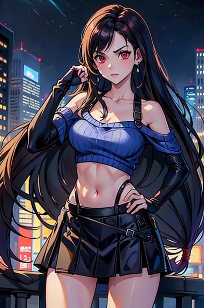 perfect eyes:1.2, detailed eyes:1.4, serious, hand on hip, night, city, metTifa, red eyes, low-tied long hair, earrings, cropped sweater, blue sweater, off-shoulder, short sleeves, suspender skirt, elbow gloves, armored legwear, medium full shot, thigh-level shot, 1girl,(masterpiece:1.6, best quality),
