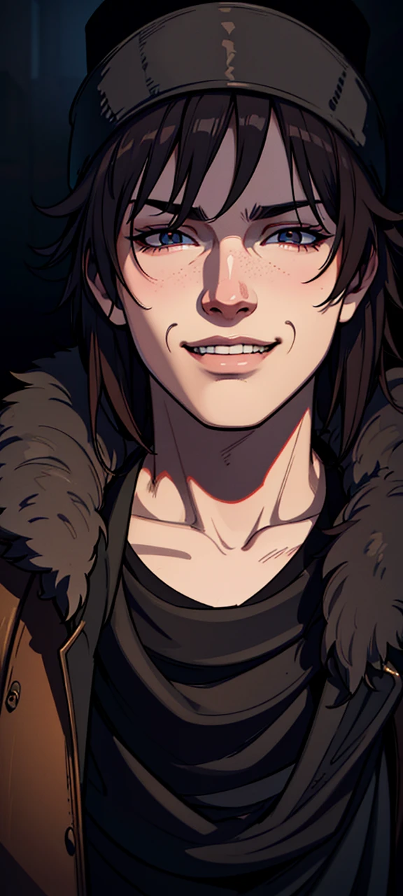 a depressed grunge boy with a tired smile wearing a russian soviet ushanka hat, detailed face, highly detailed, cinematic lighting, dramatic shadows, moody colors, gritty, photorealistic, digital art, concept art, art by trending digital artists, best quality, 8k, high resolution, masterpiece