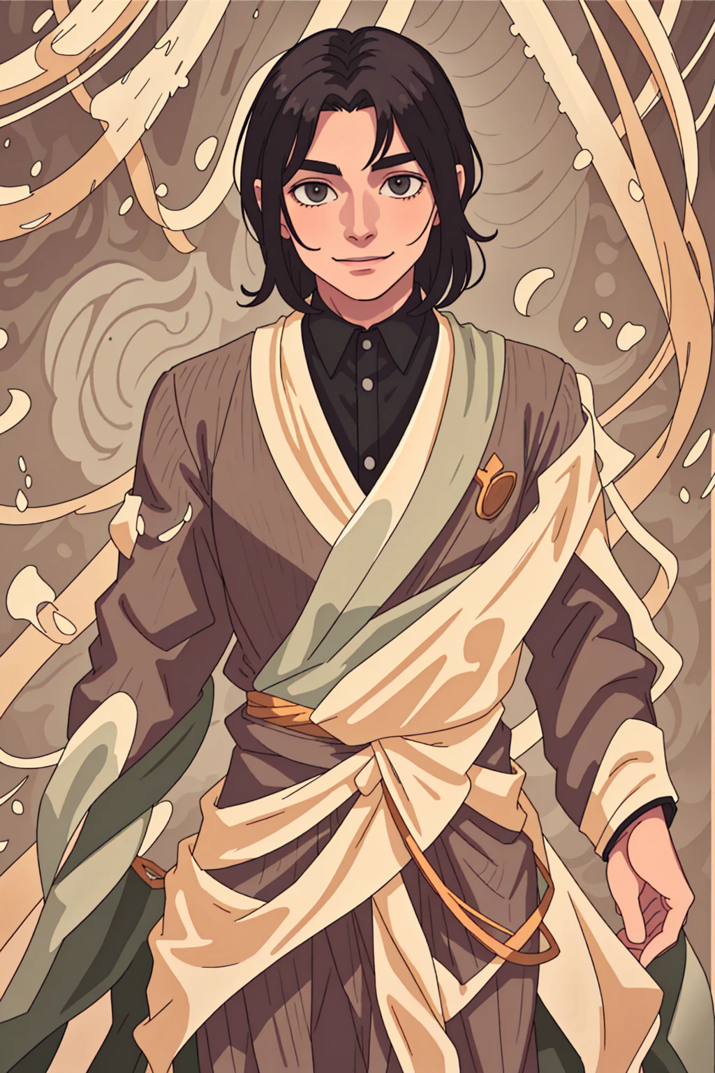 A well-built man, with really long straight black hair, verdant green steely eyes, older complexion, smiling softly. wearing a grey three-piece suit, adorned with golden accents and swirls, at a brightly lit ball dance, standing by himself, smiling onwards