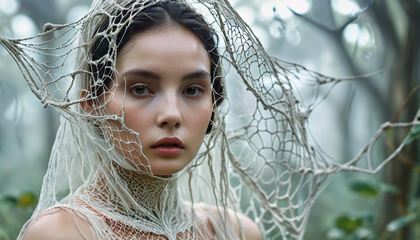 Ethereal, surreal photo of a woman with intricate web-like structures on her face and head, background soft and blurry to enhance the ethereal quality, woman looking directly at the camera with a neutral expression, close-up portrait focusing on the face and upper shoulders, in a misty, soft-focus setting, under soft, diffused lighting emphasizing the texture of the web structures, eye-level shot, taken with a Nikon D850 and a 105mm f/2.8 macro lens, in the style of Tim Walker