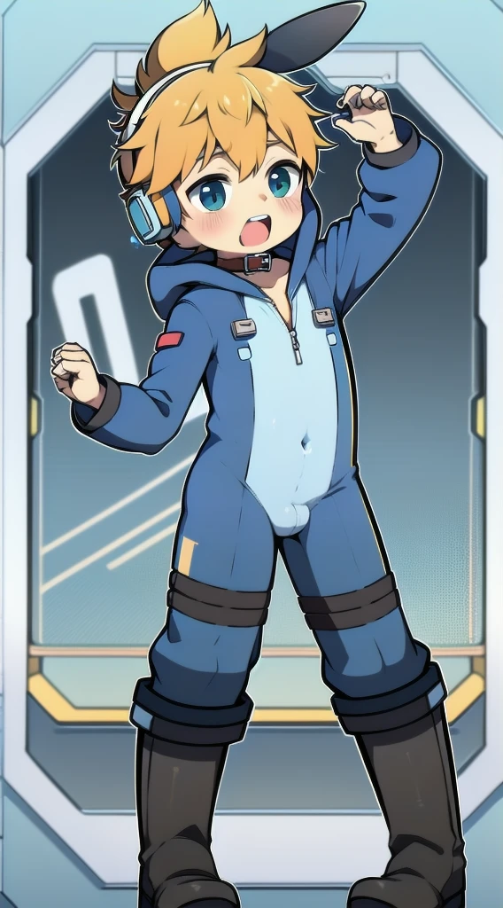 2D Boy Shota,One-piece mountaineering suit,Slim, healthy body,Put the headphones on your head,stand up,goggles,Rabbit ears,happy,Sailor collar,tie,Zipper pulled down,boots,hood,moan