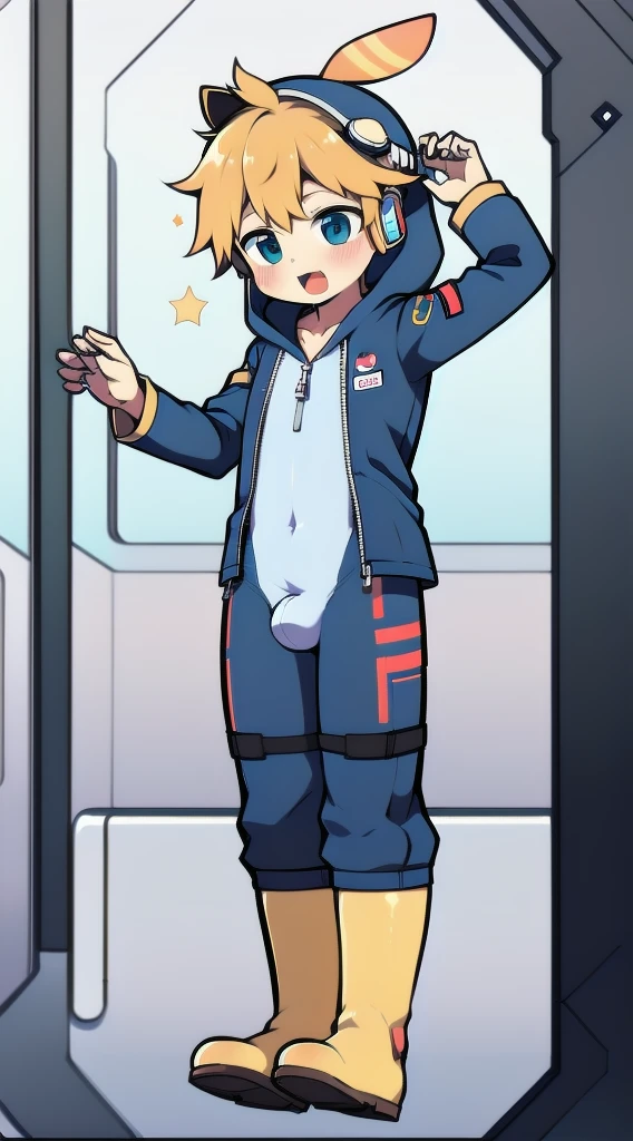 2D Boy Shota,One-piece mountaineering suit,Slim, healthy body,Put the headphones on your head,stand up,goggles,Rabbit ears,happy,Sailor collar,tie,Zipper pulled down,boots,hood,moan