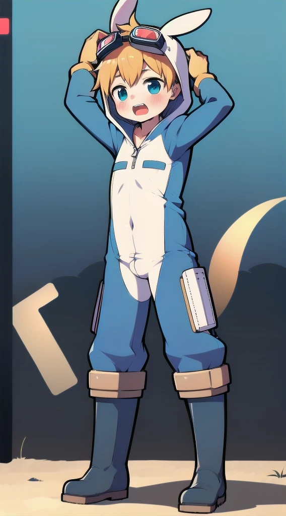 2D Boy Shota，One-piece mountaineering suit，Slim, healthy body，Put the headphones on your head，stand up，goggles，Rabbit ears，happy，Sailor collar，tie，Zipper pulled down，boots，hood，moan