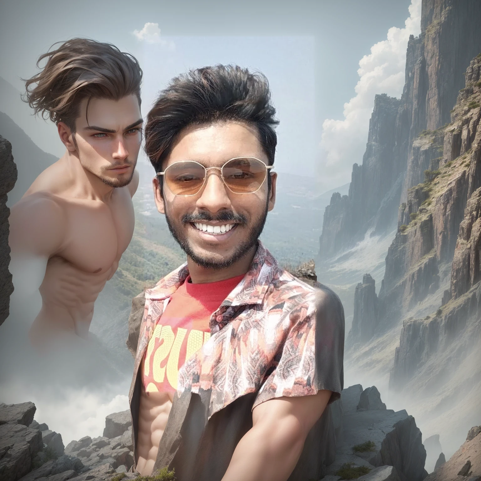 a young man on a mountain, detailed facial features, beautiful eyes, handsome man, muscular man, adventurer, outdoor landscape, rocky terrain, lush greenery, dramatic lighting, moody atmosphere, epic adventure, cinematic, highly detailed, 8k, photorealistic, dramatic lighting, vibrant colors