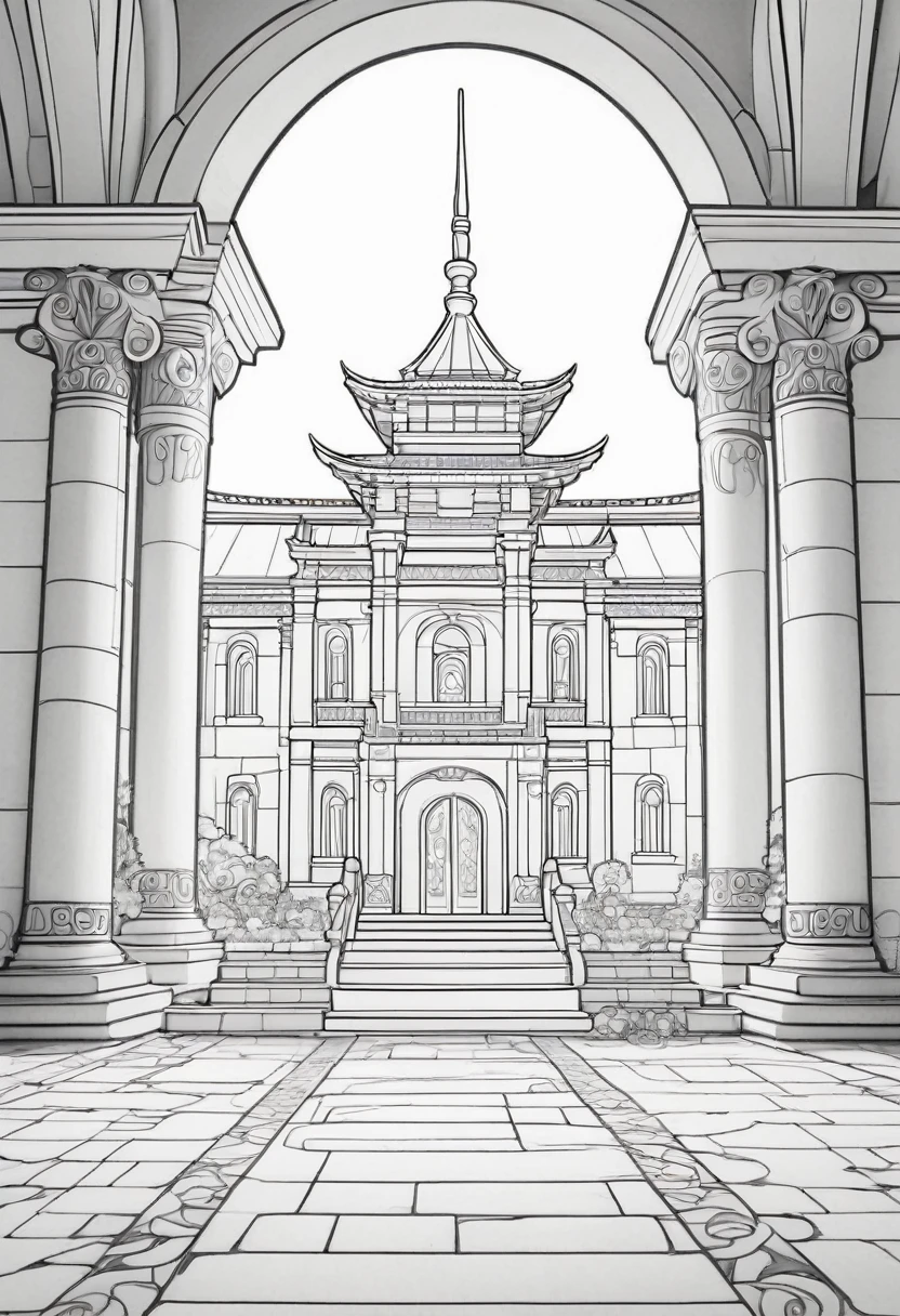 drawing lines, Pixar style, coloring, pony from My Little Pony in a beautiful temple, Coloring pageAF,Empty white background,Coloring bookRedmond-Coloring book