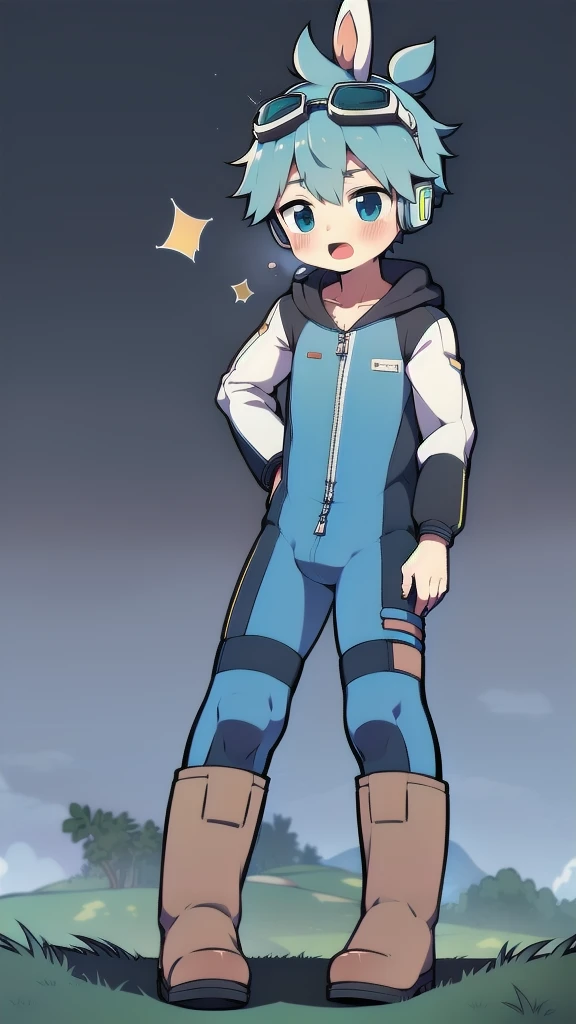 2D Boy Shota,One-piece mountaineering suit,Slim, healthy body,Put the headphones on your head,stand up,goggles,Rabbit ears,happy,Sailor collar,tie,Zipper pulled down,boots,hood,moan
