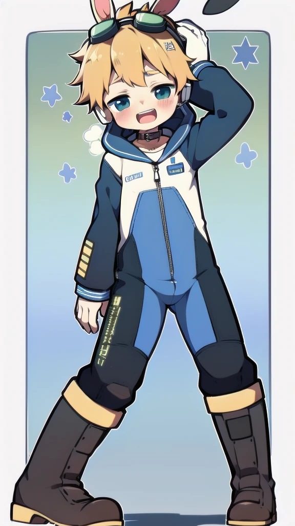 2D Boy Shota，One-piece mountaineering suit，Slim, healthy body，Put the headphones on your head，stand up，goggles，Rabbit ears，happy，Sailor collar，tie，Zipper pulled down，boots，hood，moan