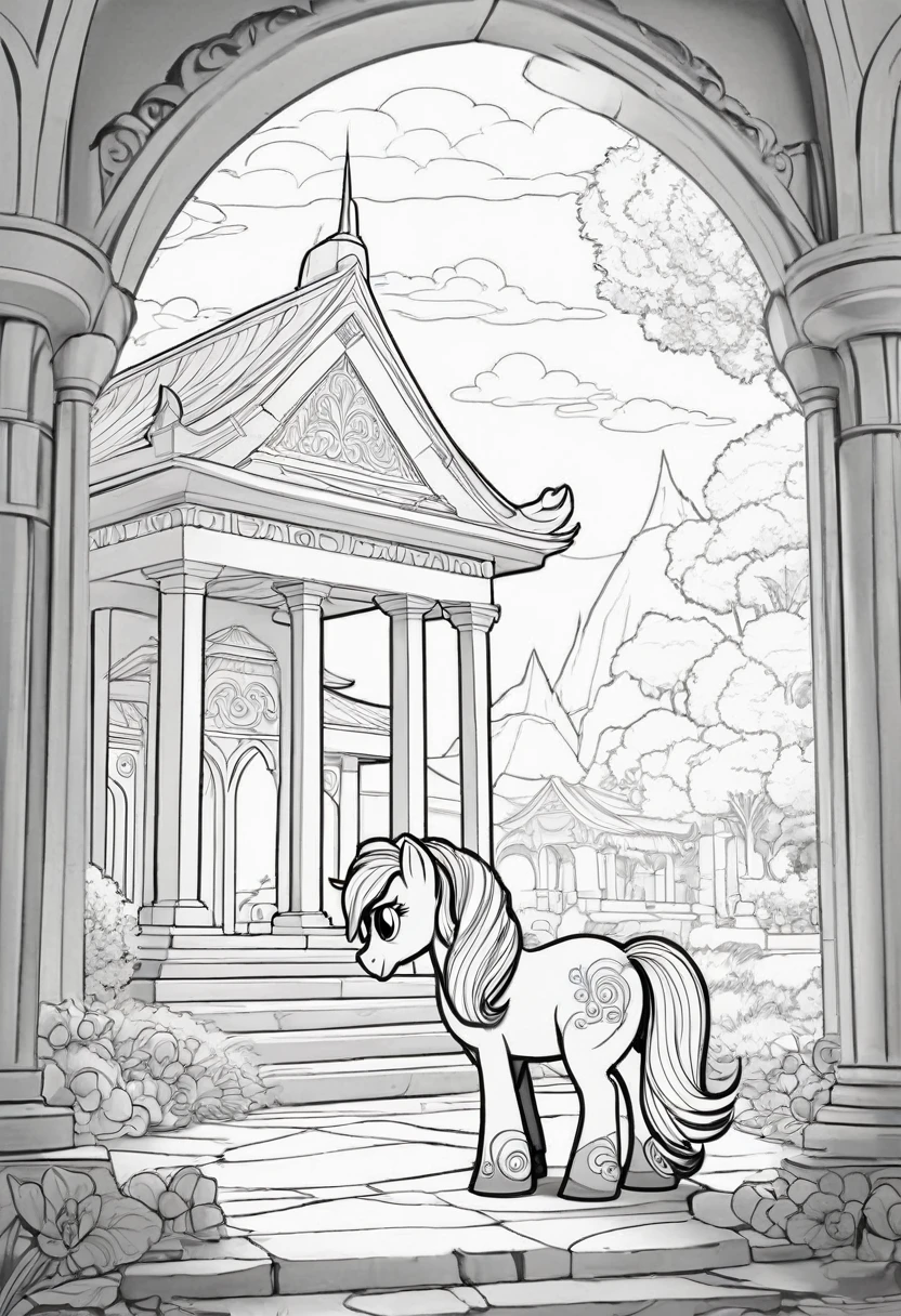 drawing lines, Pixar style, coloring, pony from My Little Pony in a beautiful temple, Coloring pageAF,Empty white background,Coloring bookRedmond-Coloring book