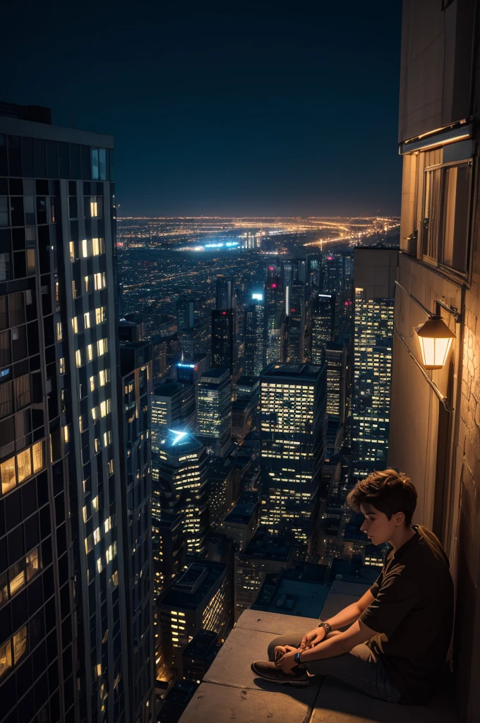 Create an image of a bright, peripheral city at night with a young man sitting on the edge of a building.