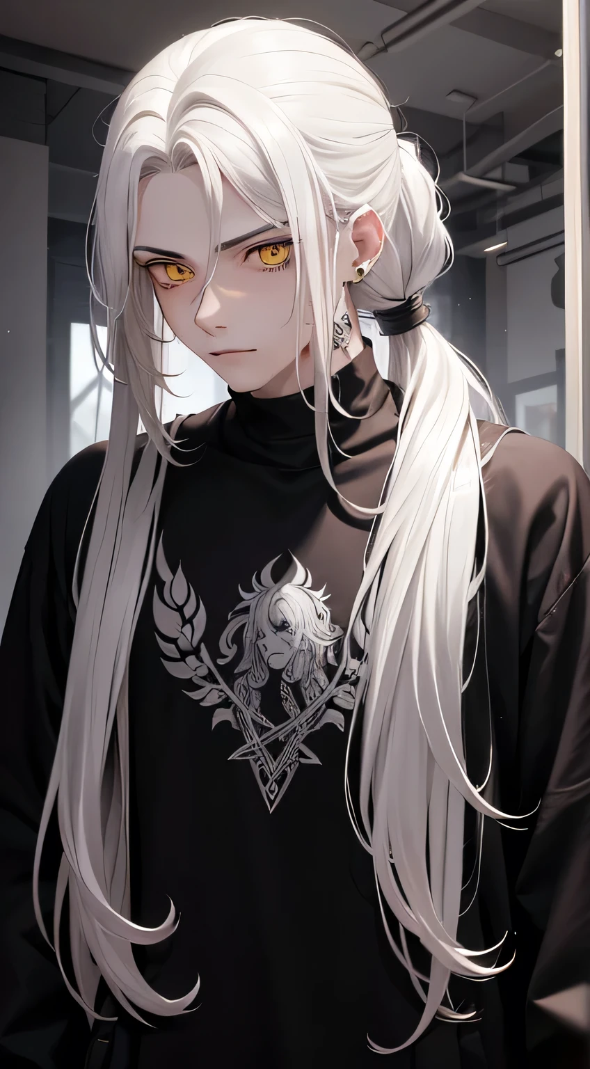 Most detailed young adult man with white long hair, gathered in a ponytail., yellow eyes, wear punk clothes, ,with tattoo on neck and face, clean face, magical glowing eyes, serious look, once a member, muscular