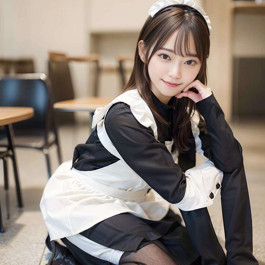 In 8K,Highest quality:1.4, Ultra-high resolution:1.5, (Realistic:1.4),masterpiece:1.2,(Highest quality:1.4)、 RAW Photos、 (The background is blurred), 1 Japanese girl, cute, (alone:1.4), (A shy smile), Smooth Skin、 (Brown medium hair,bangs),Nogizaka,Flexible fingertips,Beautiful dark eyes、dual、Natural skin texture:1.3, Realistic eye and facial details:1.7、Mid-breasted、Daytime、Tight ass:1.5、Staring at the audience,photographer5Step back, Hilarious,(Maid:1.2),bow,Long sleeve, Black sleeves,(Black checked long tights:1.5),Maidの頭飾り,Maid apronl,cafeteria,Upper Body:1.8,(Fine hair:1.1), (Fine grain:1.1)
