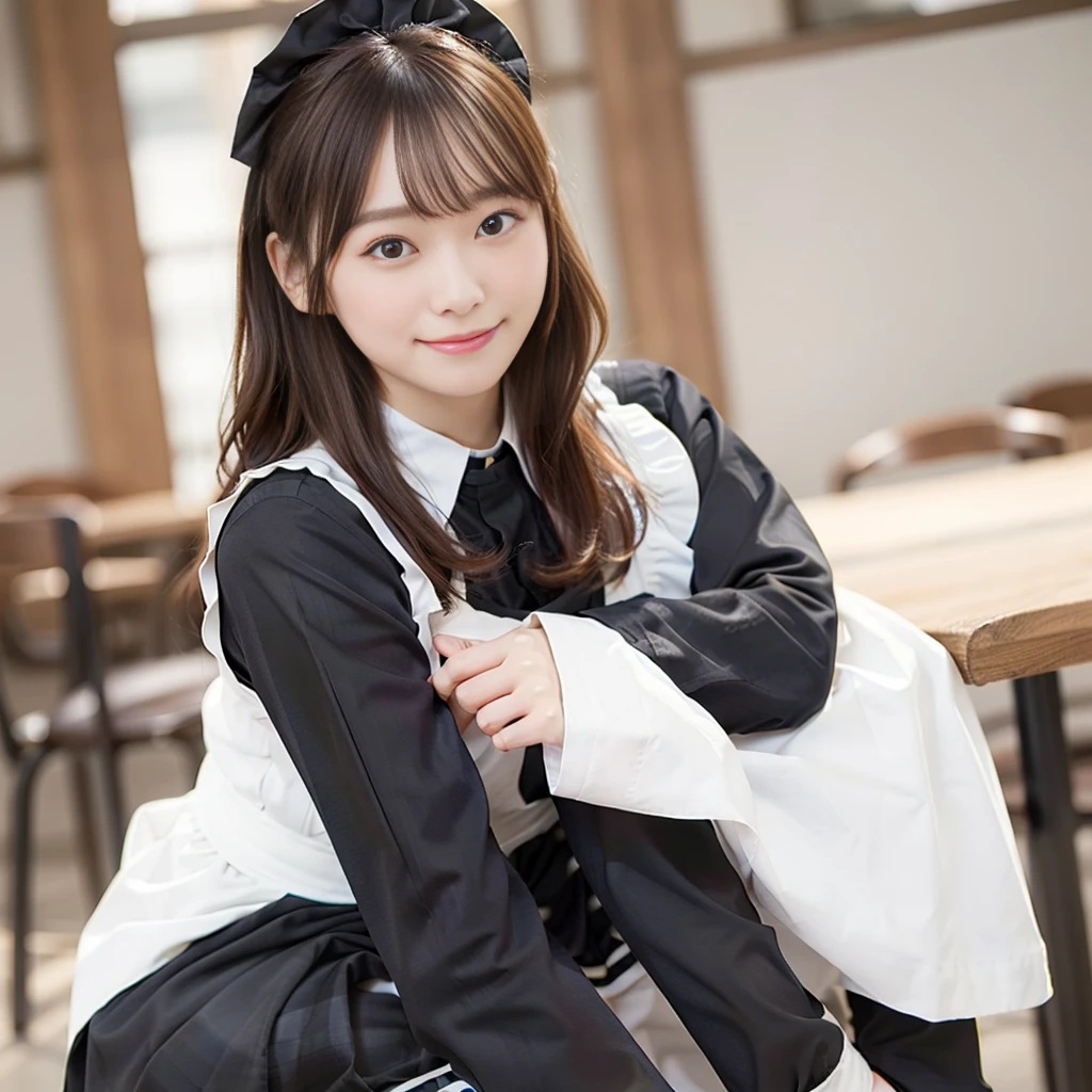 In 8K,Highest quality:1.4, Ultra-high resolution:1.5, (Realistic:1.4),masterpiece:1.2,(Highest quality:1.4)、 RAW Photos、 (The background is blurred),  1 Japanese girl, cute, (alone:1.4), (A shy smile), Smooth Skin、 (Brown medium hair,bangs),Nogizaka,Flexible fingertips,Beautiful dark eyes、dual、Natural skin texture:1.3, Realistic eye and facial details:1.7、Mid-breasted、Daytime、Tight ass:1.5、Staring at the audience,photographer５Step back, Hilarious,(Maid:1.2),bow,Long sleeve, Black sleeves,(Black checked long tights:1.5),Maidの頭飾り,Maid apronl,cafeteria,Upper Body:1.8,(Fine hair:1.1), (Fine grain:1.1)