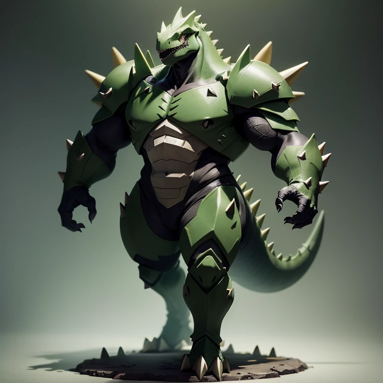 (1 dinosaur) Full body a dark green color armored tyranitar dinosaur shape, spikes in the back, spikes in the arms, spikes in the legs, spikes in the large tail, wearing a dark green spiked armor




